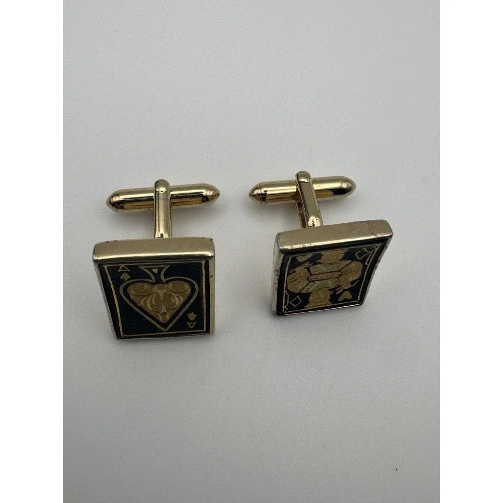 Vintage Damascene Cufflinks King Ace Spades Playing Card Poker 1960s Swank